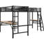 Lit simple noir en métal avec deux bureaux intégrés - chambre à coucher moderne mezzanine indispensable pour écrire des articles et créer du contenu