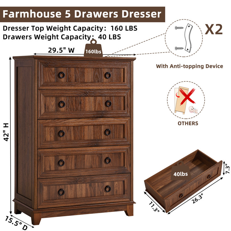 Farmhouse 5 Drawer Dresser For Bedroom, 42" Tall Small Dressers & Chest Of Drawers, Rustic Wood Dresser With Metal Handle, Storage Organizer Closet For Living Room, Hallway, Entryway