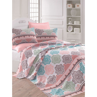 Luxurious King Pique Bedspread, 100% Cotton | Soft Turquoise, Salmon & Cream Colors | Non-Elastic, Machine Washable at 86°F | 280 GSM for Ultimate Comfort & Style in Your Bedroom