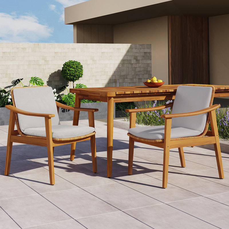 Ensemble de 2 chaises de salle à manger d'extérieur, structure en bois d'acacia couleur teck, osier PE brun, coussin imperméable gris, idéal pour les patios et les jardins