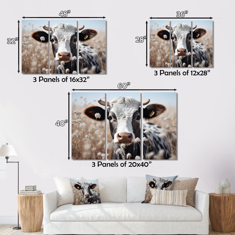 Vache, fleur, pâture sur toile, 3 pièces, H 28 po x l 36 po
