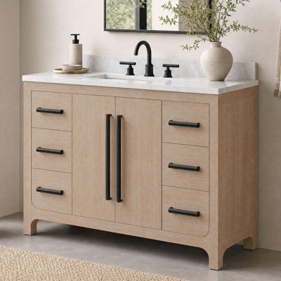 Graelyn Meuble-lavabo simple rectangulaire en marbre de Carrare blanc avec chêne vieilli