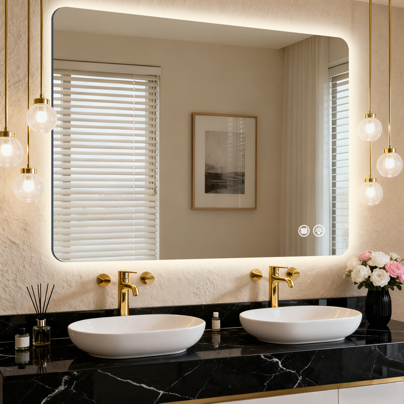 Miroir de salle de bain à DEL rétroéclairé en verre trempé, miroir de salle de sport, équipé d'une fonction antibuée, supportant trois réglages de température de couleur et une gradation continue.