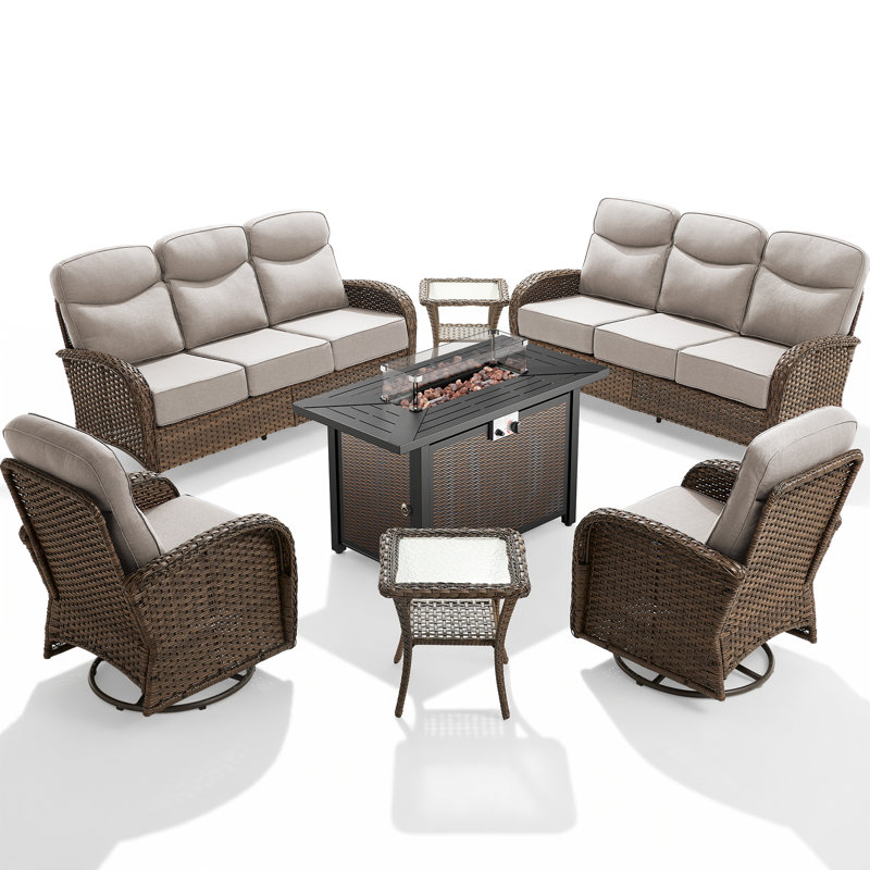 Ensemble de conversation de luxe pour l'extérieur en osier pour 8 personnes avec table de foyer au propane, table d'appoint, coussins épais de 6 pouces, chaises berçantes pivotantes pour terrasse et cour