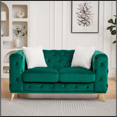 Canapé en velours de luxe moderne de 61,25 pouces avec boutons matelassés Chesterfield, 2 coussins et pieds en métal
