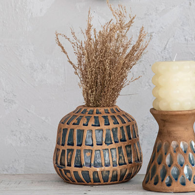 Lavola Debossed Terra-cotta Vase, Natural and Blue