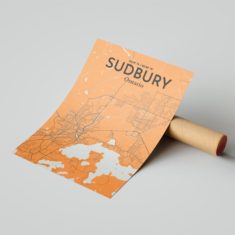 Sudbury City Map, impression, H 24 po x l 18 po, Orange / gris