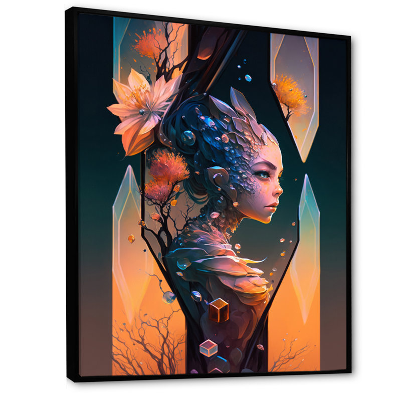«Alien Face with Flowers 2 Hexagon», reproduction sur toile, L 30 po x H 40 po, Toile avec cadre flottant noir