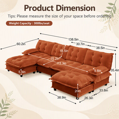 138 Inch U Shaped Modern Sofa with 2 Ottomans, 4-Seat Chenille Deep Seat for Ultimate Comfort and Flexibility in Any Room