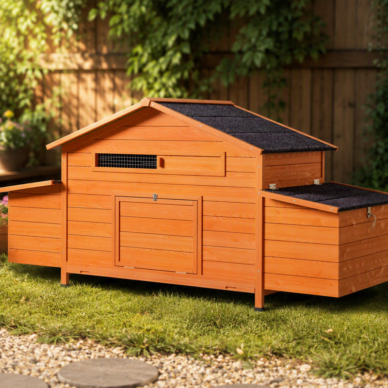 Grand poulailler en bois 70 with avec 2 nichoirs, toit imperméable, serrure sécurisée, poulailler ventilé avec perchoir et plateau coulissant pour un nettoyage facile