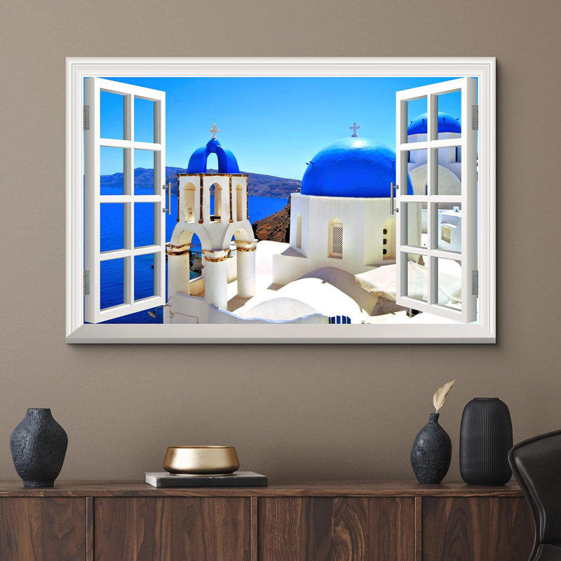 Fenêtre, paysage d'églises de Santorin, Grèce et océan bleu sous le ciel clair - impression sur toile tendue