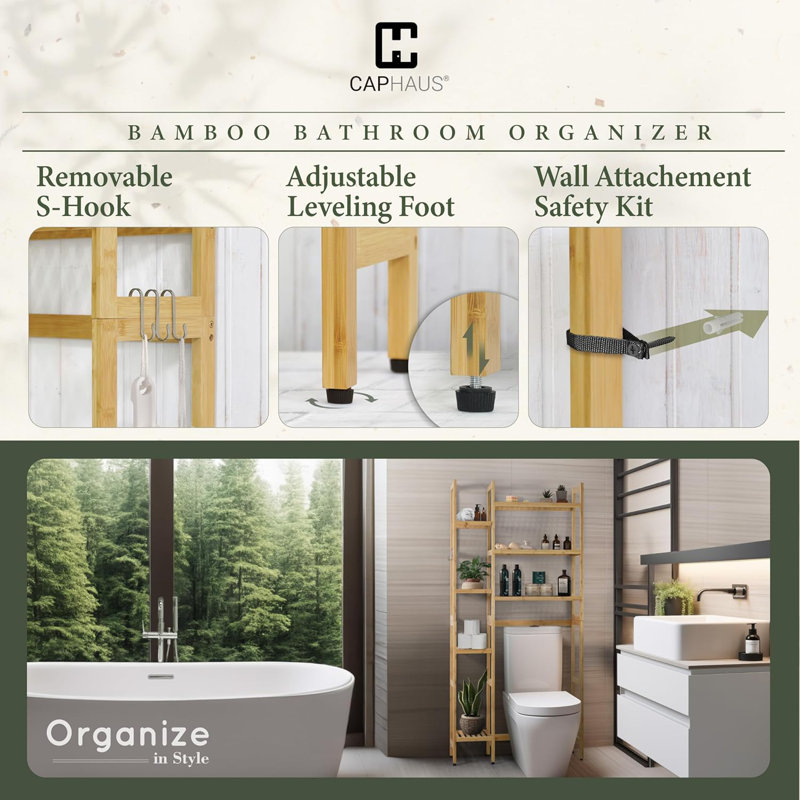 31-Inch Adjustable Bamboo Over The Toilet Storage with Hooks & Side Shelves, Multiple Options, Natural