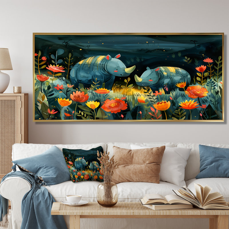 «Teeya - Rhinoceros Animal», reproduction d'art murale, Cadre flottant doré, 12" H x 20" W