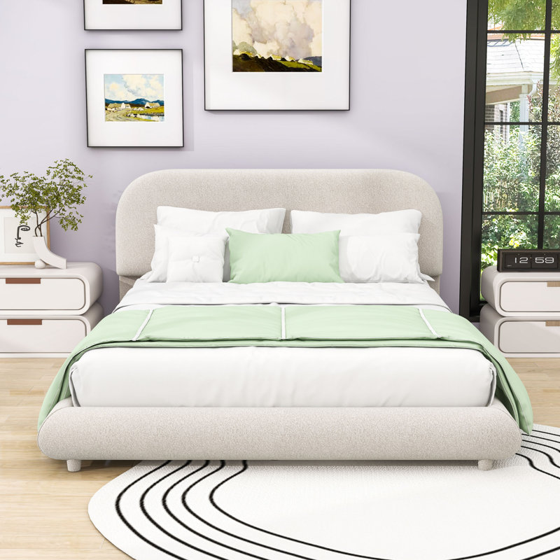 Lit plateforme tapissier avec tête de lit et pieds centraux Teddy, Grand lit, Beige