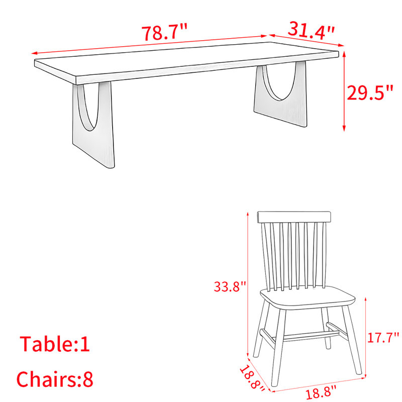 Simple modern solid wood dining table set, 29.5"H x 78.7"L x 31.4"W