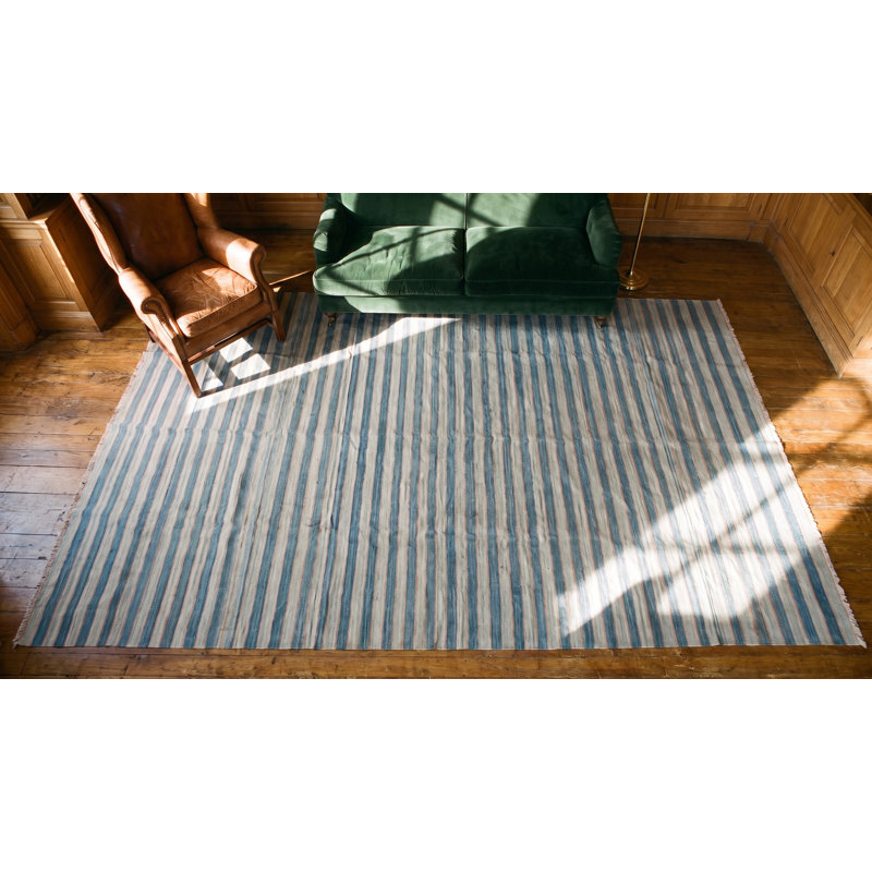 Antique Indian Allover Geometric Blue and White Stripes Flatweave Cotton Dhurrie Rug