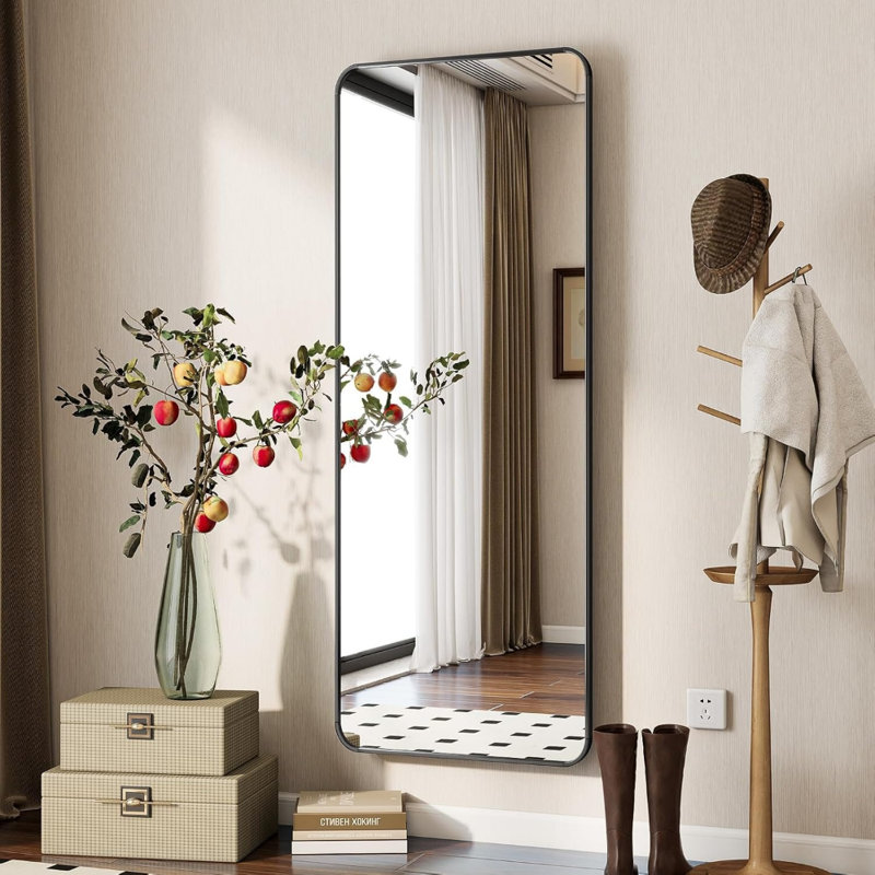 66"X23" Full Length Mirror With Rounded Corners, Standing, Hanging, Or Leaning Floor Mirror For Bedroom, Dressing Room, Or Living Room, Aluminum Alloy Frame, Shatterproof HD Glass, Black