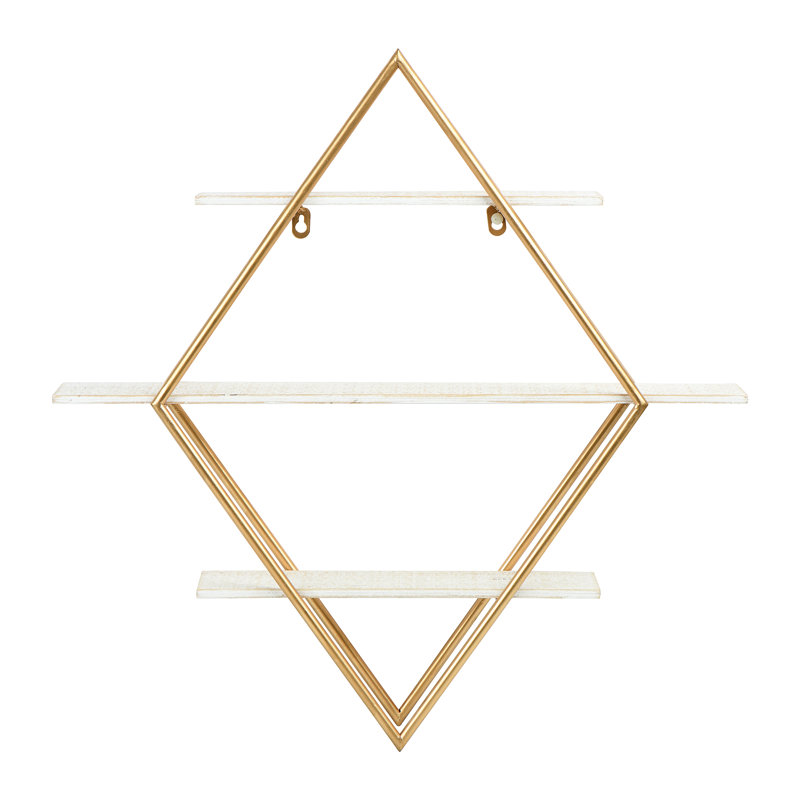 Wood and Gold Diamond Wall Shelf, White/Gold