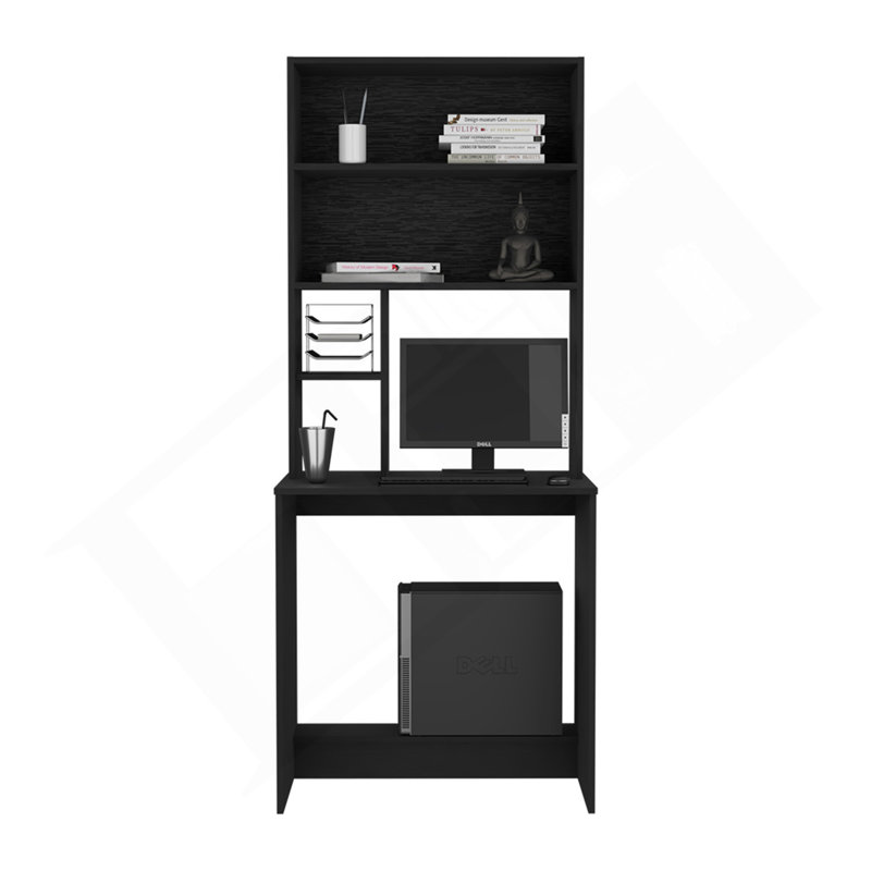 Bureau d'ordinateur avec huche, tablette inférieure, quatre tablettes, noir