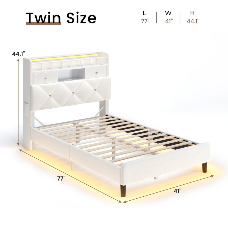Platform Bed Frame With Velvet Upholstered Headboard,Led Lights,Charging Station,2 Storage Drawers & Shelves,Heavy Duty & Strong Support/No Box Spring Needed/Easy Assembly