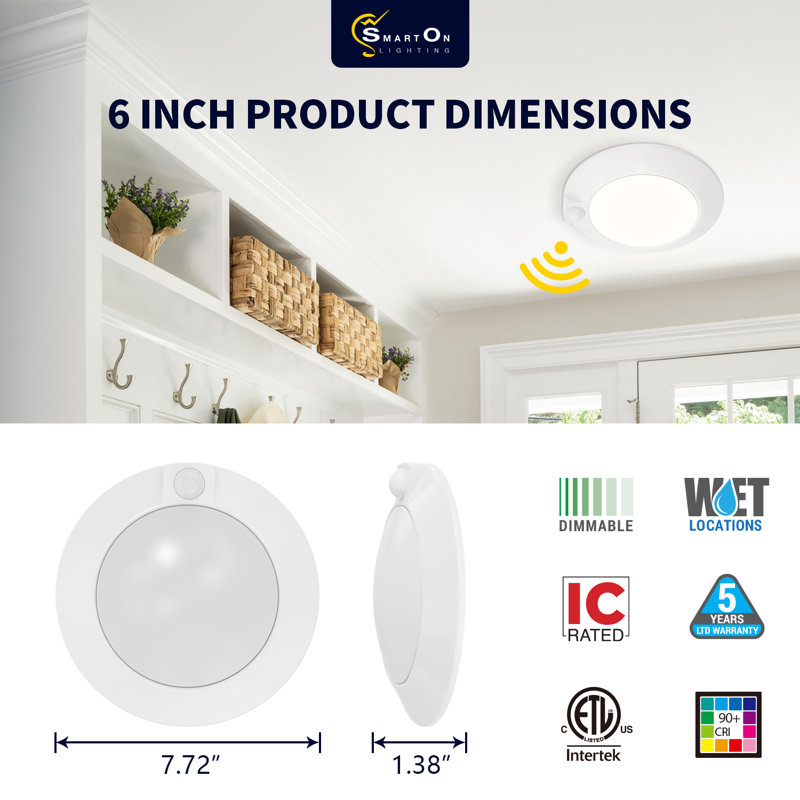 LED Flush Mount Disk light with motion sensor, 1.38" H X 7.72" W X 7.72" D, 14