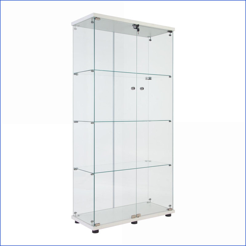 Cabinets, Off-White Tempered Glass Display Cabinet with 4 Shelves &amp; Lock, 64.56”H x 31.69”L x 14.37”W | Contemporary | Living Room