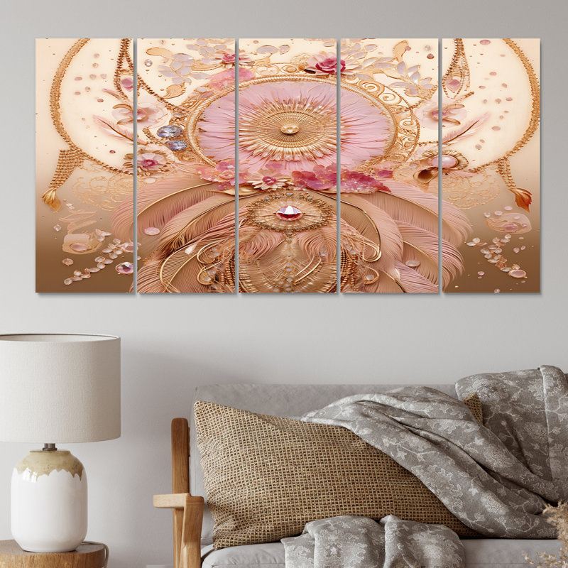 Boho Glam rose et or Dreamcatcher I - art mural sur toile plumes - 5 panneaux égaux