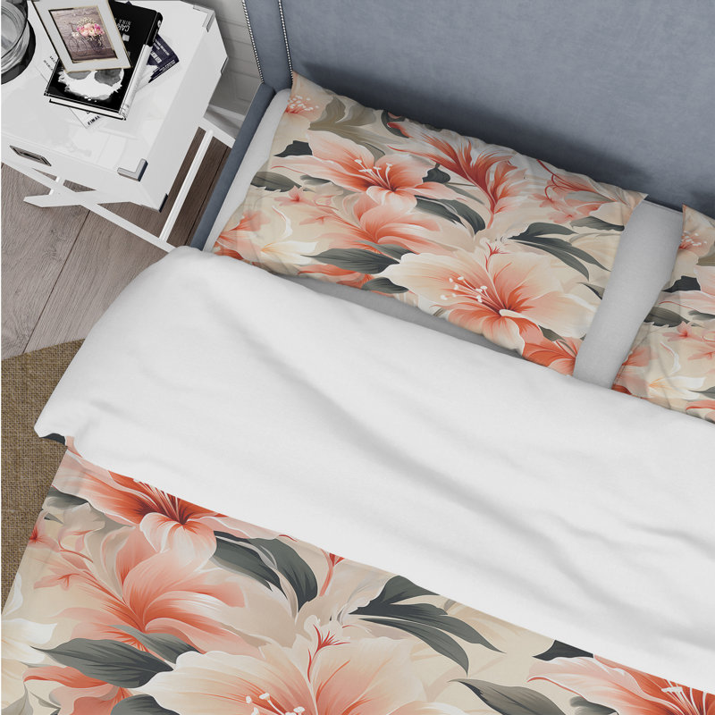 Literie délicate motif tropical neutre I, Housse de couette pour grand lit et 2 taies décor
