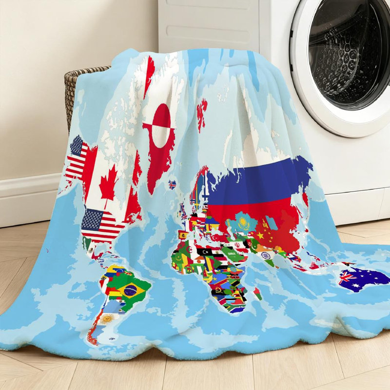 Jeté en flanelle transparente molletonnée, carte du monde avec impression recto de campagne, Throw 30" x 40"