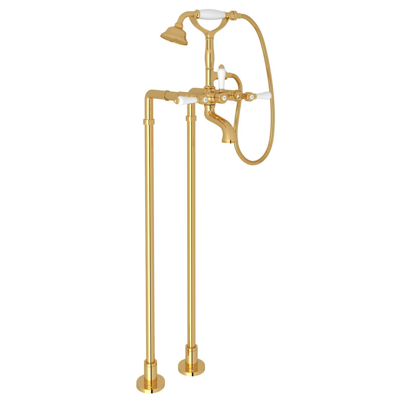 Acqui Floor Mount Tub Filler, Porcelain Lever Handle, Unlacquered Brass