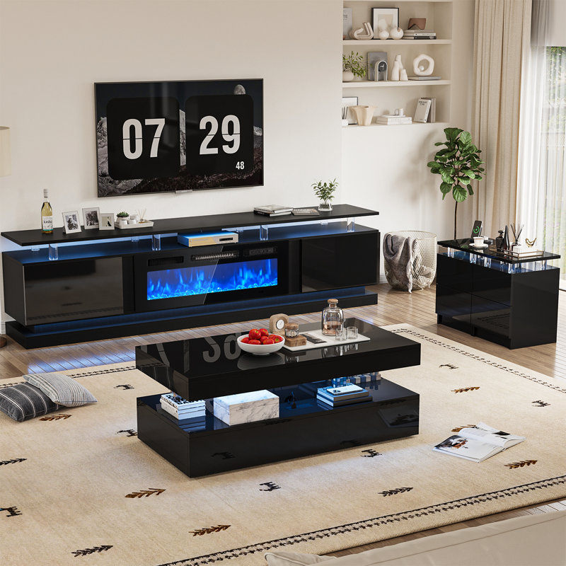 70 po. Ensemble de meuble télé 70 po et table basse avec lumières DEL, Noir