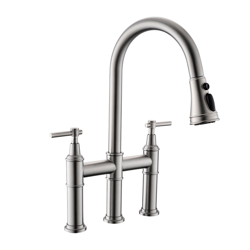 3 Hole Brushed Nickel Kitchen Faucet, Pull Down , 2 Handles, Classic And Modern Blend Faucet For Sink, Handle,