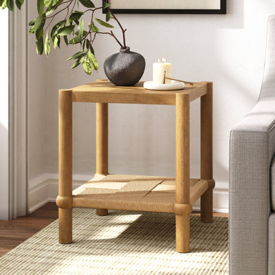 Modern Coastal Side Table with Solid Wood Legs and Seagrass Storage Shelf