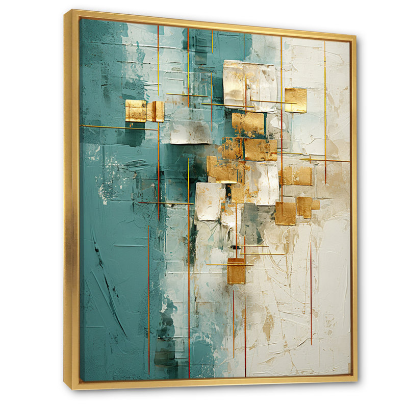 California Sunshine Retro Abstract Gold Teal - Abstract Painting Canvas Wall Art, 32" H x 24" W x 1" D, Gold Floater Framed