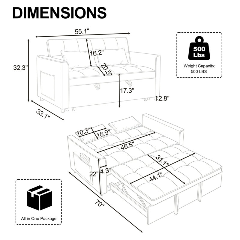 3-in-1 Convertible Velvet Sleeper Loveseat Sofa Bed, Pull Out Couch with Adjustable Backrest, Throw Pillows & Side Storage Pockets for Living Room Bedroom Apartment