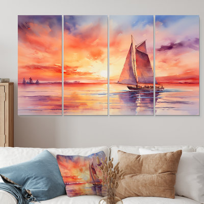 «Pastel Colors Saililier Sunset II - Bateau à voile», art mural 4 pièces pour le salon