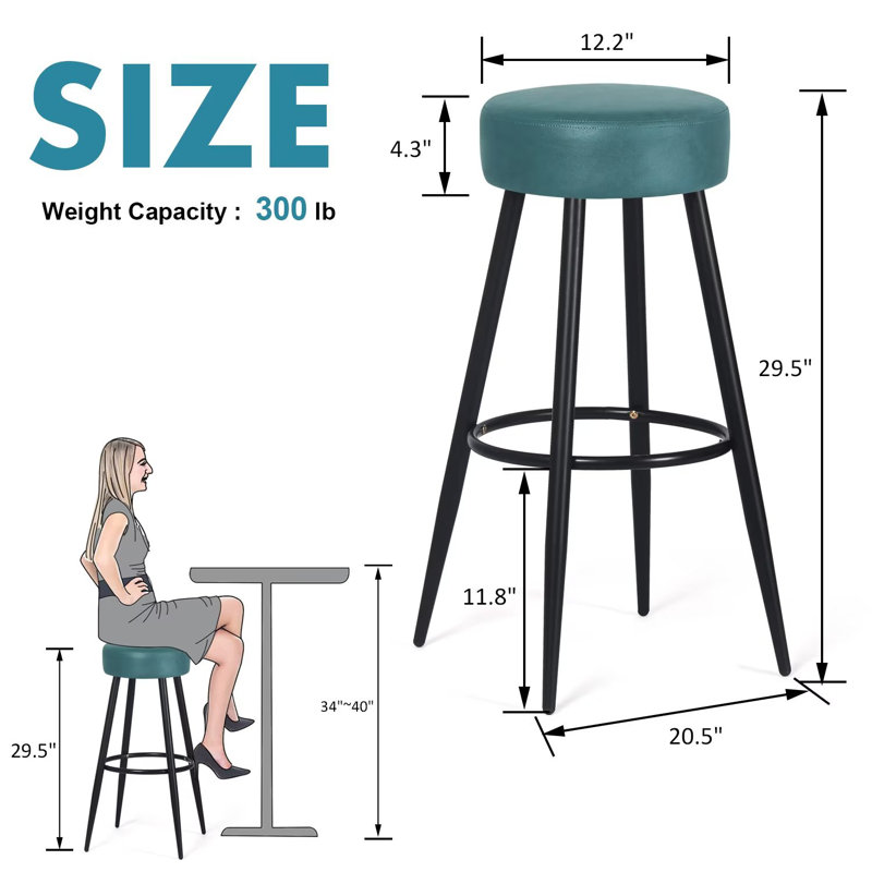 Tabouret haut rond rembourré, ensemble de 2, Bleu sarcelle foncé