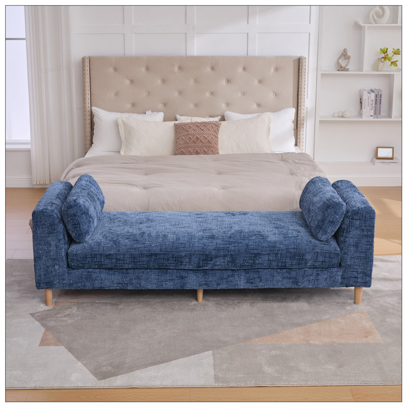 Chenille Upholstered Chaise Lounge with Armrests and Bolster Pillows, Perfect for Living Room and Bedroom Comfort, Blue