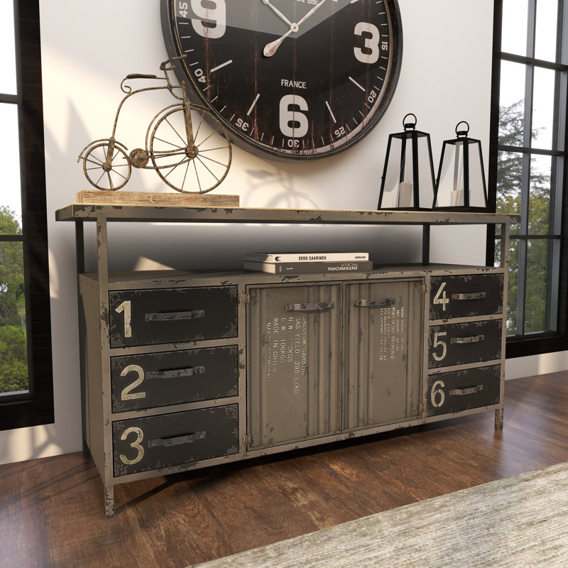 Gray Metal and Wood Industrial Sideboard with Numbered Drawers