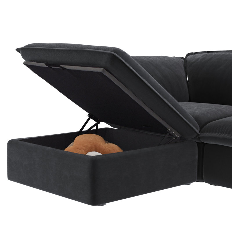 5-Piece Upholstered Modern Linen Fabric Sectional With Storage Ottoman, Black