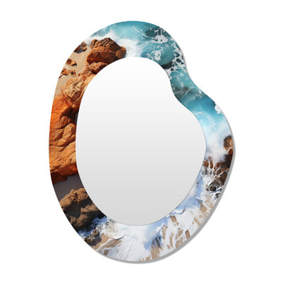 Bleu et orange plage rocheuse vue aérienne II - miroir mural asymétrique décoratif de plage