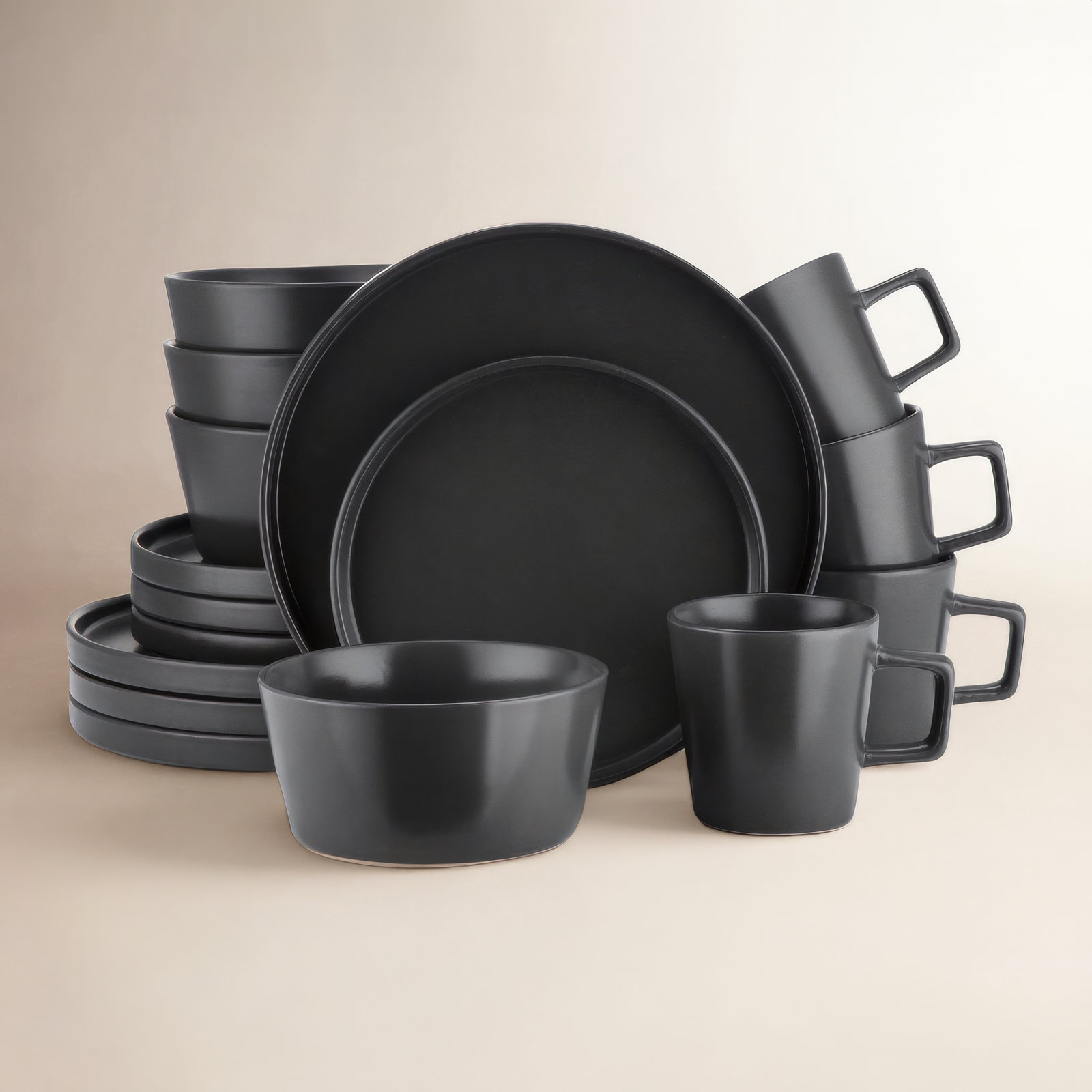 Celina Stoneware Dinnerware Set, Matt Black, 16