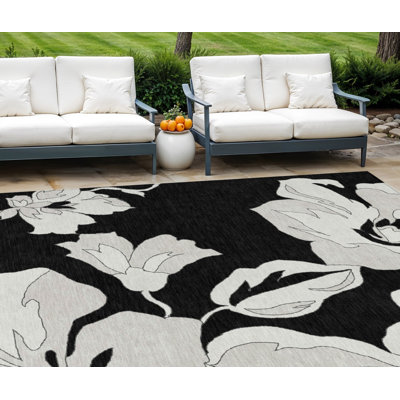 9' X 12' Black Gray And Silver Floral Washable Indoor Outdoor Area Rug