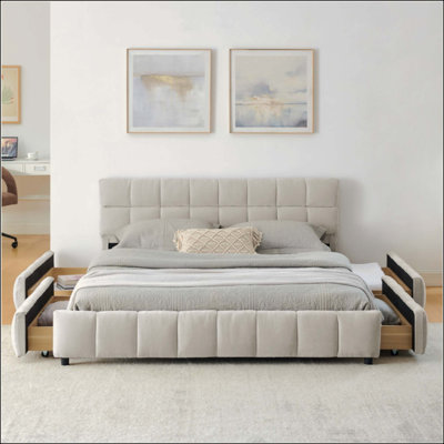 Lit tapissier, base de lit tapissier confortable, tissu chenille, avec tête de lit et base de lit solide