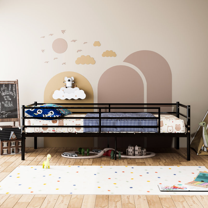 Cadre de lit simple noir pour lit superposé, conception moderne, matériau principal en métal, sans sommier, traverses latérales, support multiple, rangement inférieur, surface lisse, caractéristiques et assemblage sans problème
