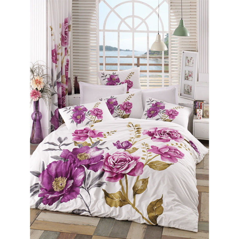 Ensemble de housse de couette double de luxe Ranforce, 100% coton, housse de couette 78,7 po x 86,6 po | Drap plat 86,6 po x 94,5 po | 2 taies d'oreiller 19,7 po x 27,6 po | Lavable à la machine, blanc élégant, rose, gris et beige
