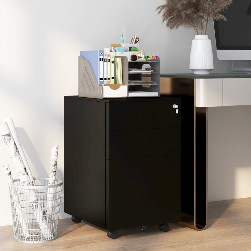 Vinsetto 3-Drawer Vertical Filing Cabinet with Lock 5 Wheels for A4, Black