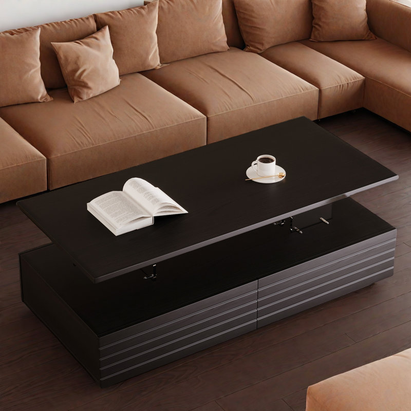 Modern Rectangular Coffee Table With Led Lights, 2 Drawers And Open Storage Shelf, Black