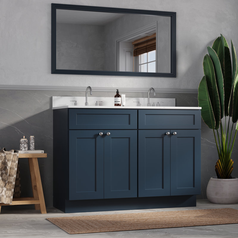 Shaker de meuble-lavabo double 48 po avec éclaboussures de dessus et de dos en quartz de Carrare Disar, Bleu