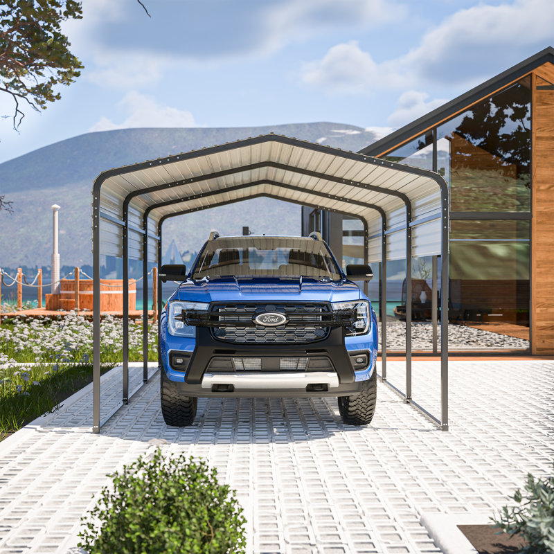 10 Ft. W x 15 Ft. D Gray Metal Carport with Peak Roof